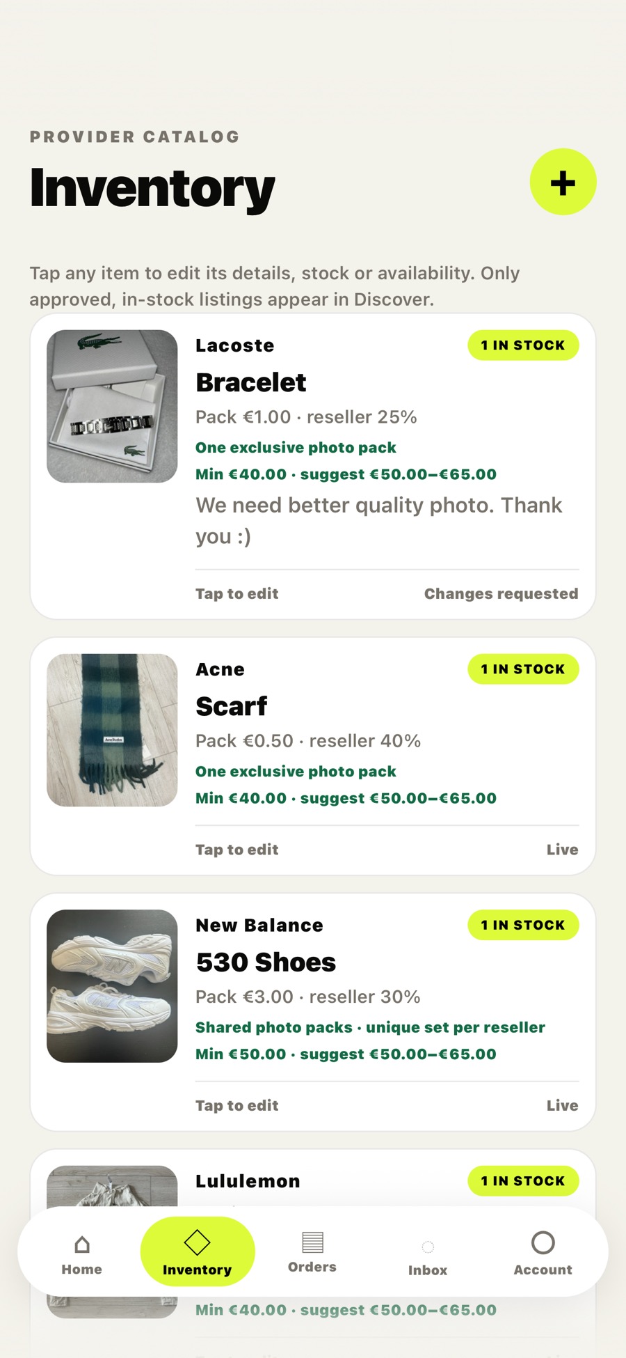 Supplier stock in ReList