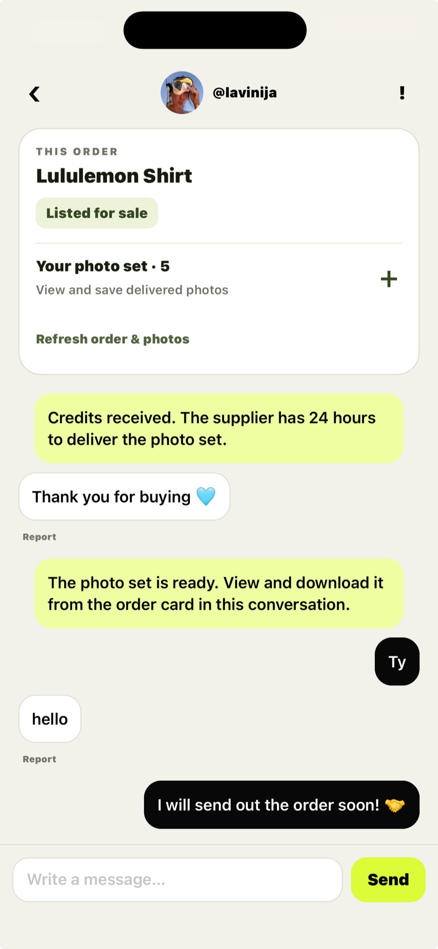 ReList order conversation with photos and status updates