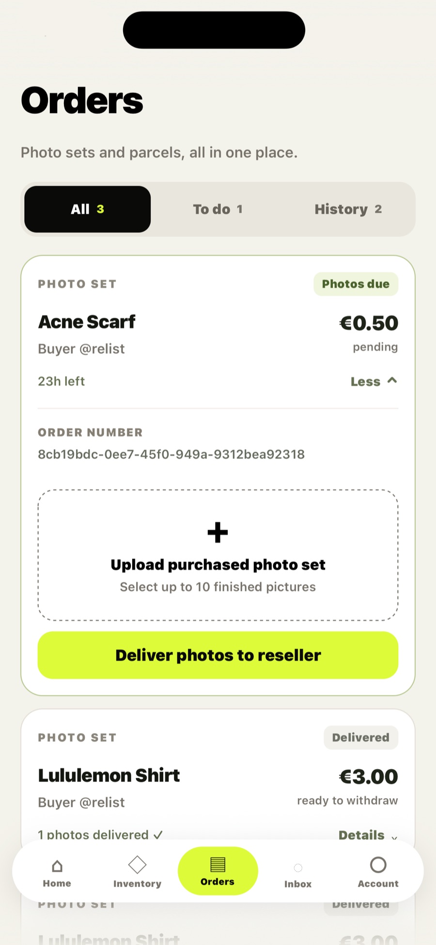 ReList supplier Orders screen